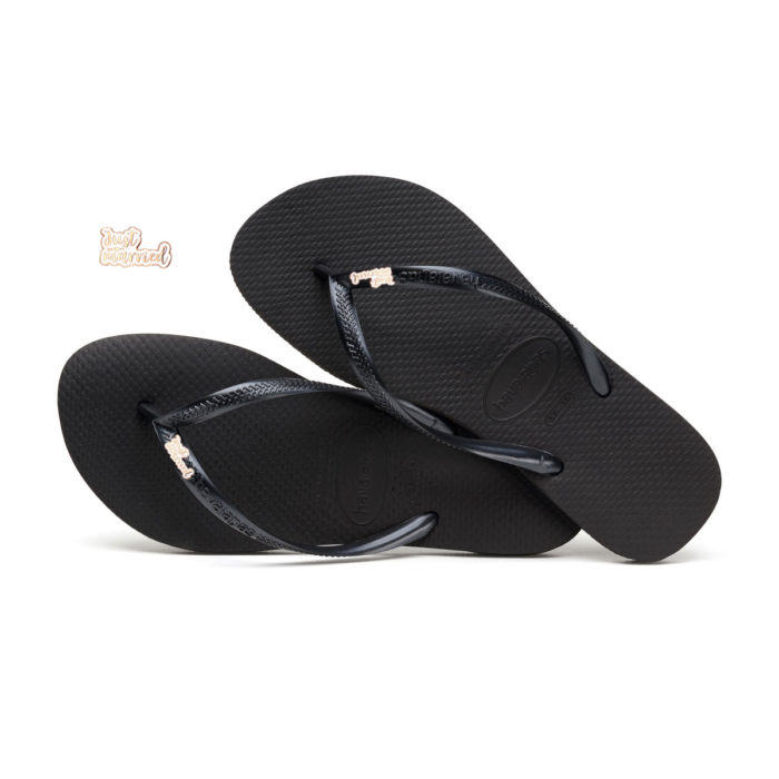 Havaianas Black Slim Flip Flops with Rose Gold Just Married Charm
