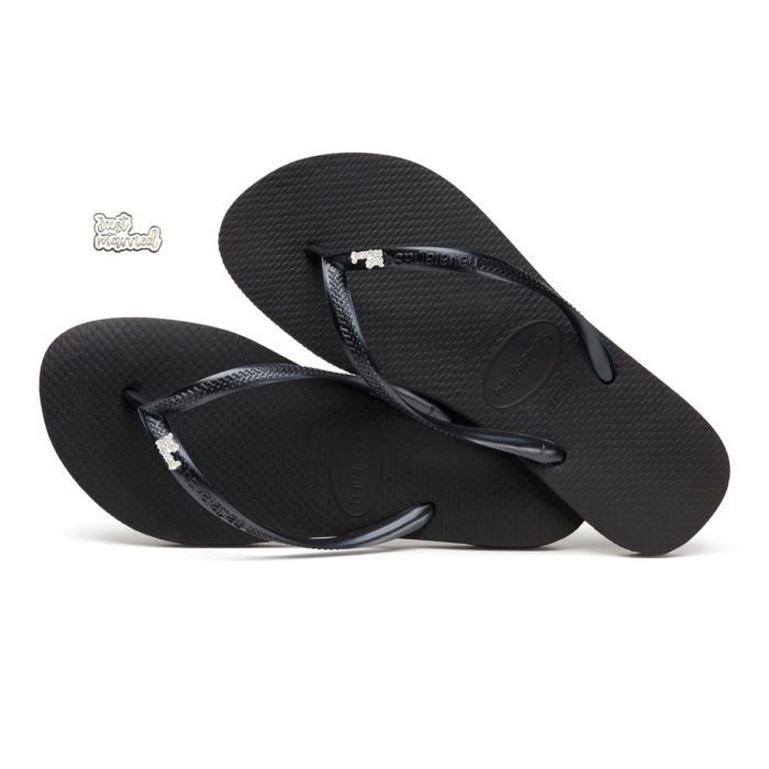 Havaianas Black Slim Flip Flops with Silver & White Just Married Charm