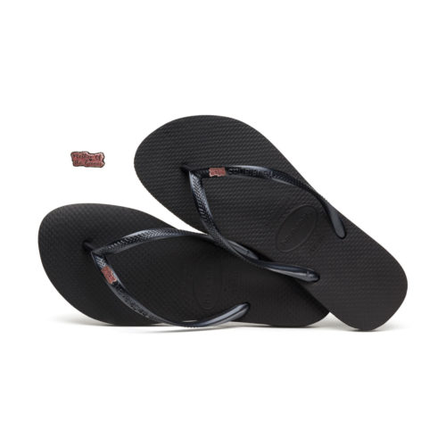 Havaianas Black Slim Flip Flops with Pink Glitter Mother of the Groom Pin