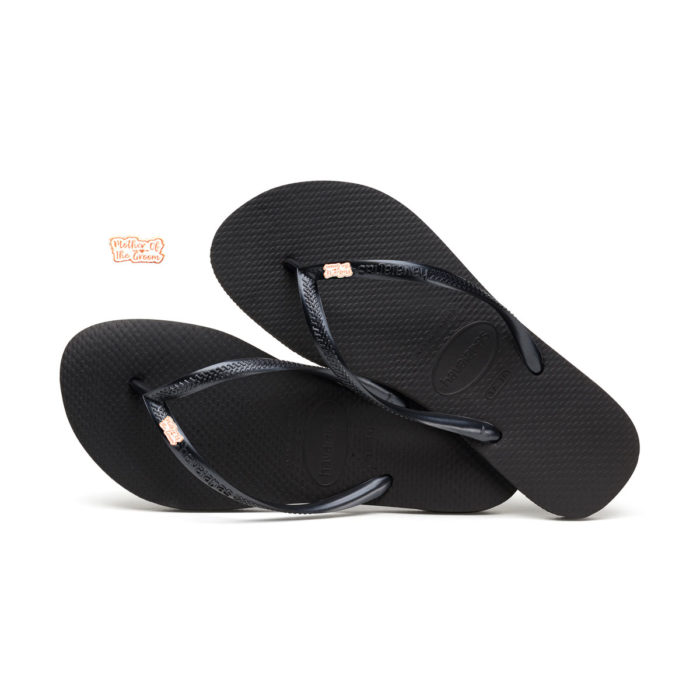 Havaianas Black Slim Flip Flops with Rose Gold Mother of the Groom Pin