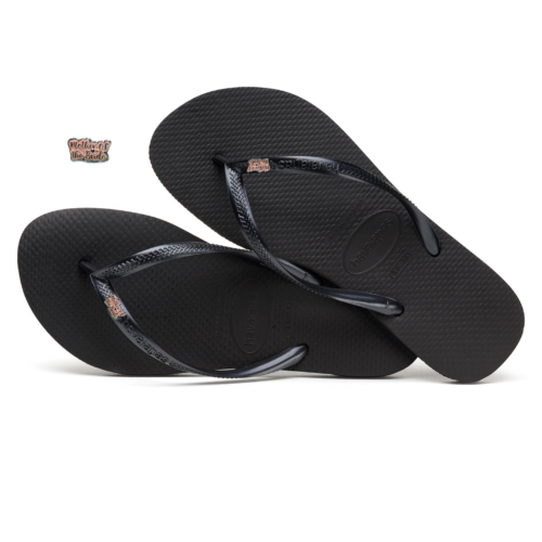 Havaianas Black Slim Flip Flops with Pink Glitter Mother of the Bride Pin