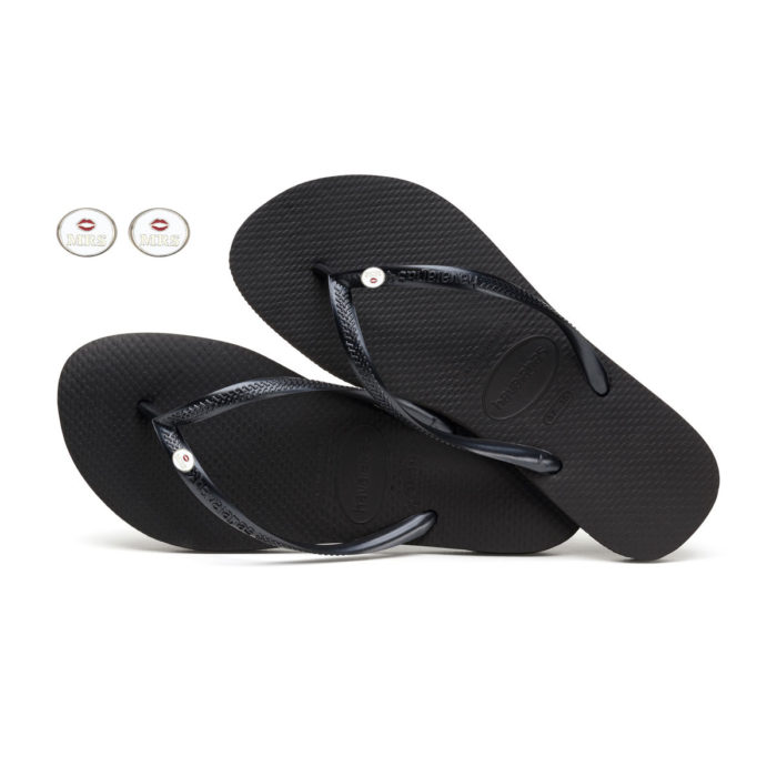 Havaianas Black Slim Flip Flops with Silver Mrs and Mrs Wedding Charm