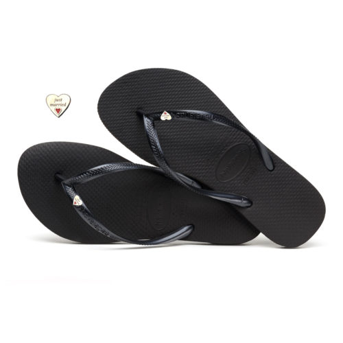 Havaianas Slim Black Flip-Flops with Silver Heart Charm Wedding