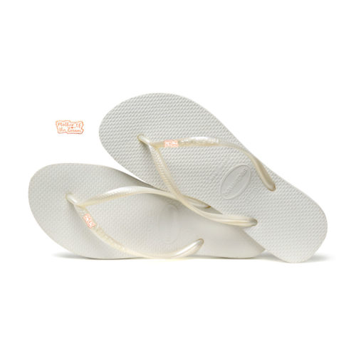 Havaianas White Slim Flip Flops with Rose Gold Mother of the Groom Pin