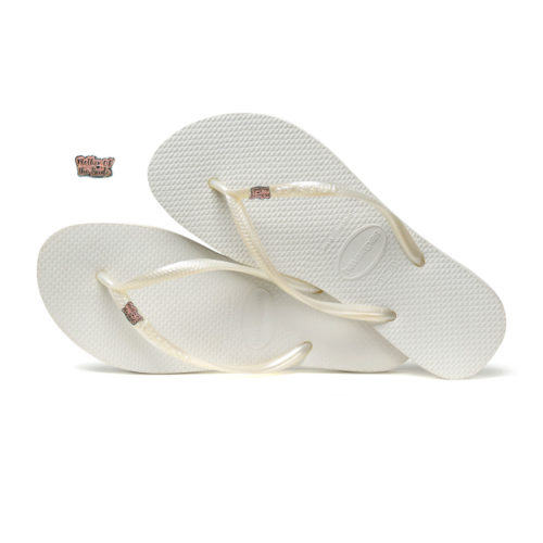 Havaianas White Slim Flip Flops with Pink Glitter Mother of the Bride Pin