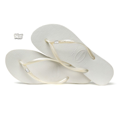 Havaianas White Slim Flip Flops with Silver White Mother of the Bride Pin