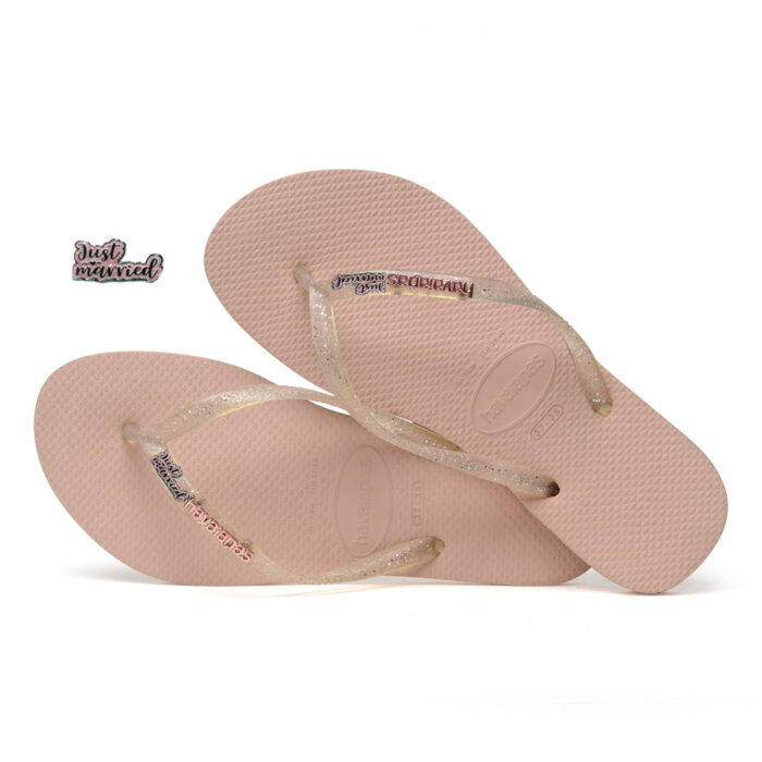 Just Married Pink Glitter Charm Havaianas Slim Rose Metallic